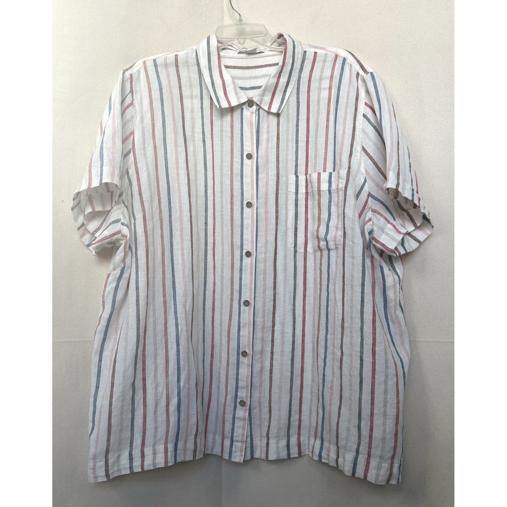 Coldwater Creek Coastal Grandma 3X 100% Linen Striped Button Down Shirt 3X S/S